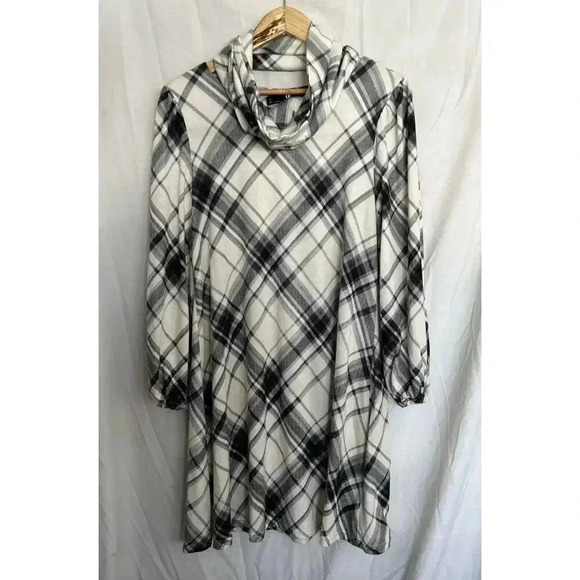 Chetta B Plaid Trapeze Dress Black & Cream Long Sleeves Removable Cowl Size Med - Picture 1 of 13